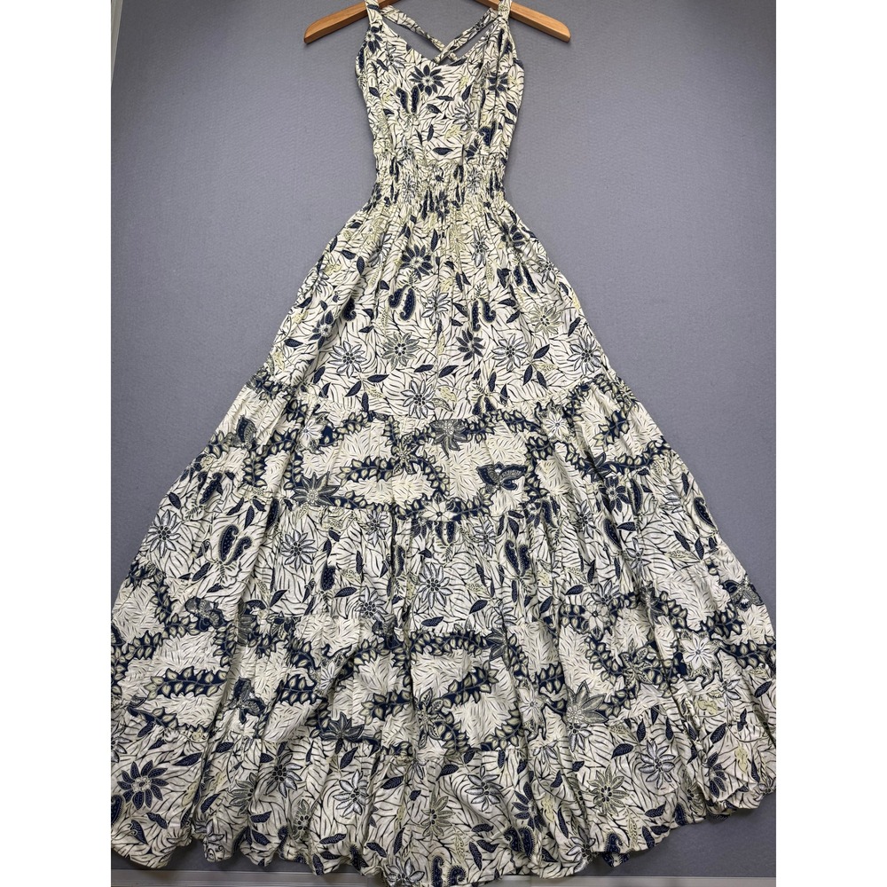 Lusana Womens Floral Batik Tiered Maxi Dress Cream Navy Blue Smocked Tie Back 6‎